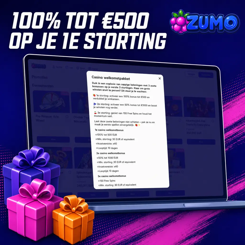 Zumobet bonus 100% tot €500 op je eerste storting